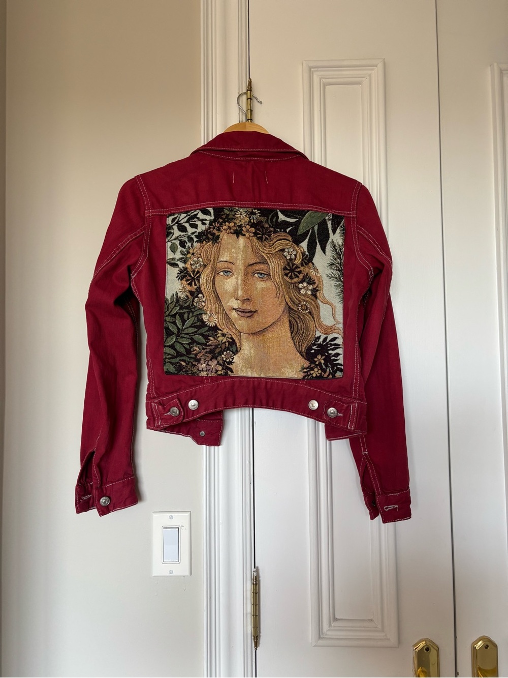 Red Women's Cropped Denim Jacket with Artistic Back Panel